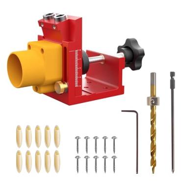 Imagem de Kit de gabarito de orifício de bolso com adaptador de vácuo removível, sistema profissional de gabarito de bolso de alumínio, posicionador de perfuração inclinado para marcenaria oblíqua (vermelho)