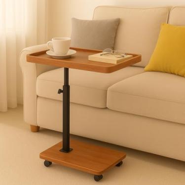 Imagem de Mesa lateral ajustável em forma de C com rodas, mesa de canto de sofá com rodinhas, bandeja giratória de 360° para laptop, mesa de TV, mesa de cabeceira para pequenos espaços, sala de estar e quarto