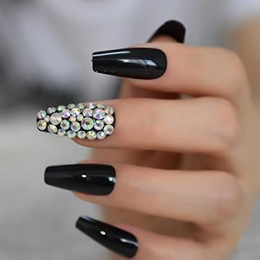 Imagem de Pregos de pressão - pontas de unhas falsas francesas pretas com pingentes de strass 3D unhas de acrílico prensa cola de gelatina em bastão reutilizável em unhas postiças 24 peças