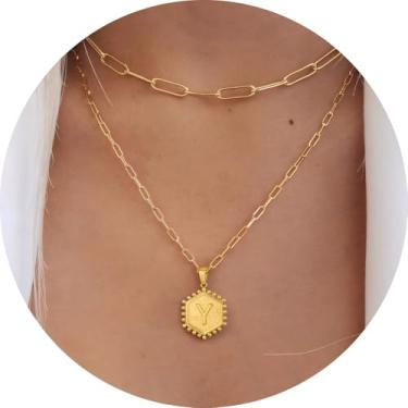 Imagem de Colar feminino com inicial em camadas, aço inoxidável banhado a ouro 18K, pingente de clipe de papel duplo A a Z, conjunto de duas correntes destacáveis, 16.5in/ 14+2in, Aço inoxidável, Sem Pedra