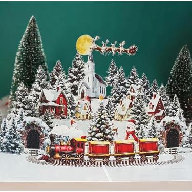 Imagem de Cartão de Natal Pop Up 3D Casa de Neve Veado Floresta Papai Noel Cartão de Convite para Festa (Verde)