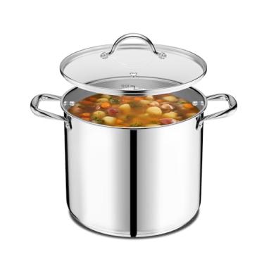 Imagem de Panela de aço inoxidável com tampa de vidro temperado de 12 quartos, aço inoxidável 18/0 durável, base de impacto para aquecimento uniforme, alças rebitadas, compatível com forno e fogão, segura até