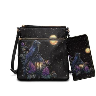Imagem de Sannovo Bolsa de ombro feminina transversal com conjunto de carteira, bolsa transversal de couro, carteira de pulso para compras, Rosa de corvo preto