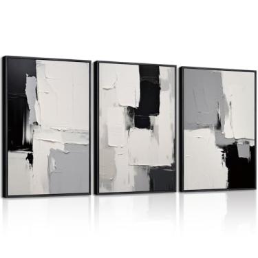 Imagem de Gardenia Art Arte de parede emoldurada preta e branca moderna abstrata em bloco impressões em tela pinturas minimalistas para sala de estar corredor quarto escritório decoração de parede conjunto de 3