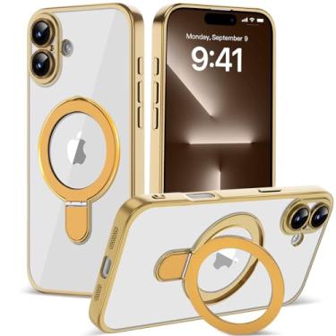 Imagem de Amzfield Capa magnética para iPhone 16 com suporte [compatível com MagSafe] [proteção total da câmera] linda capa de telefone transparente fina para iPhone 16 mulheres meninas, ouro transparente