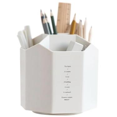 Imagem de TNDCKP Organizador de caneta de mesa de plástico giratório 360 com 5 compartimentos, copo de lápis de dupla finalidade para escritório, escola, casa (branco)