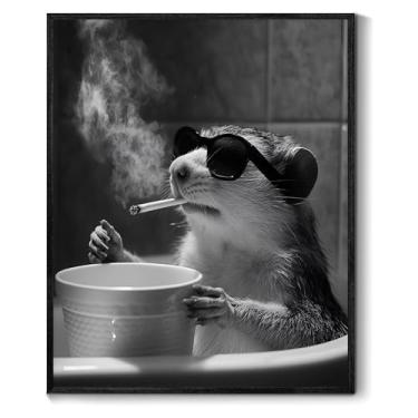 Imagem de Imagem de animal na banheira preto e branco arte de parede de banheiro legal animais fumando pôster humorístico pintura animal engraçado impressões de banheiro animais fofos arte moderna decoração