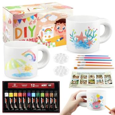 Imagem de SEOLENZW Kit de pintura em cerâmica - Conjunto de 2 canecas DIY para casais e amigos. Pinte sua própria caneca com pincéis profissionais, tintas acrílicas e paletas. Presente criativo para adultos