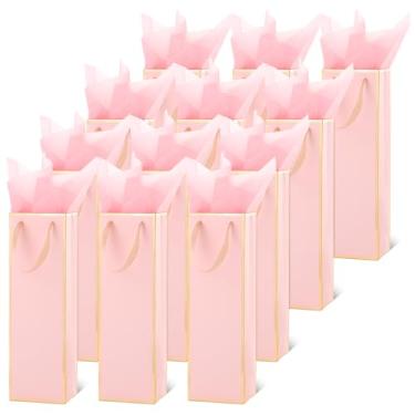 Imagem de Zonon 12 sacos de presente de vinho com alças e papel de seda, 10 x 9 x 35 cm, sacos de presente para Natal, casamento, uísque, bebidas espirituosas, festas de fim de ano (rosa)