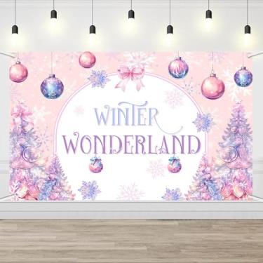 Imagem de AIBIIN Pano de fundo do país das maravilhas de inverno rosa e roxo, decorações de flocos de neve de Natal para chá de bebê, festa de aniversário, arco, árvores, suprimentos de festa, 179 x 110 cm