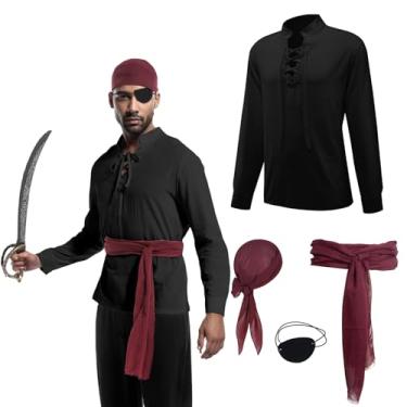 Imagem de 4 peças de fantasia de pirata masculina, camisa de pirata renascentista medieval, bandana, faixa e tapa-olhos para homens, roupa de cosplay de carnaval de Halloween (preto, M)