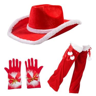 Imagem de Shakven Roupas de Natal para mulheres, chapéu de cowboy de Natal - Chapéu de Natal com roupas vermelhas,3x conjunto de fantasias de Papai Noel de Natal, fantasias de Natal extravagantes para