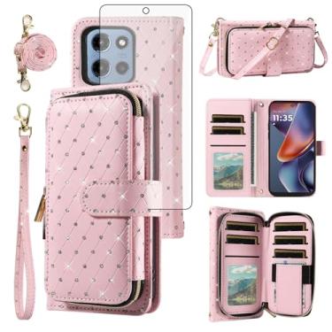 Imagem de Asuwish Capa de celular para Motorola Moto G 5G 2025 capa carteira com zíper com protetor de tela de vidro temperado, alça transversal com cordão com glitter, compartimento para cartão G5G 5 G G5