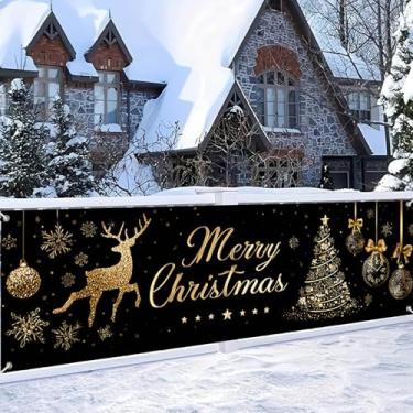 Imagem de HOMETITUTE Grande Banner de Feliz Natal 395 x 89 cm Preto Dourado Banner de Natal com Rena e Ornamentos para Festa de Férias, Parede, Quintal, Jardim, Decoração de Interior, Exibição de Pano de Fundo
