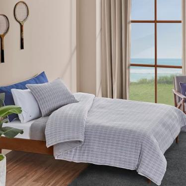 Imagem de Lacoste Conjunto de edredom xadrez de raquete – 100% algodão Dobby, alternativo, certificado Oeko-TEX – Roupa de cama xadrez moderna com logotipo de crocodilo bordado, cinza, solteiro