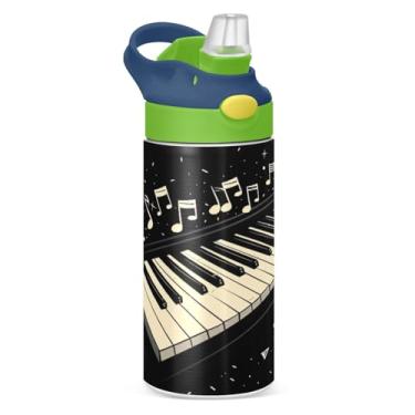 Imagem de Blueangle Garrafa de água isolada de aço inoxidável com padrão de teclas de piano de 340 g com tampa de canudo - Garrafa esportiva reutilizável à prova de vazamento para viagens, ao ar livre #325