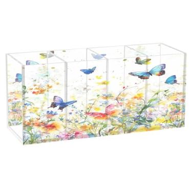 Imagem de SEHANY Porta-canetas de acrílico com flores de borboleta coloridas, 4 compartimentos, porta-lápis transparente, organizador de pincéis de maquiagem, organizador de papelaria para escritório, casa