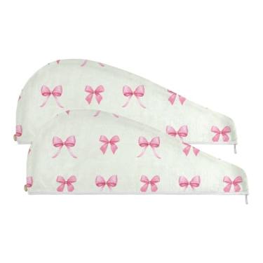 Imagem de SEHANY Linda toalha de cabelo de microfibra com laço rosa para mulheres, 2 peças, turbantes de cabelo de secagem rápida com botão, touca de cabelo seco absorvente toalha de secagem de cabelo para