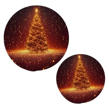 Imagem de Blueangle 2 peças de suporte de panela de trivet de árvore de Natal com estrelas brilhantes - conjunto de pegadores de panela de tecido redondo - almofadas quentes trançadas de algodão - porta-copos