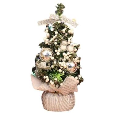 Imagem de Mini árvore de Natal de 19 cm, mesa artificial com enfeites de bola e laços para decoração de festas de fim de ano, planta artificial (branca)