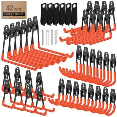 Imagem de ITCPRIM Pacote com 42 ganchos de garagem com revestimento antiderrapante ganchos de montagem de parede resistentes para armazenamento de garagem e mangueiras suspensas, ferramentas de jardim, cordas