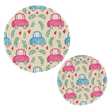 Imagem de Wassud Trivet de carros fofos para pratos quentes, suportes redondos de algodão, almofadas quentes, porta-copos elegantes, decoração de cozinha e acessórios, 2 peças