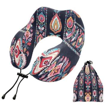 Imagem de CEBUGI Travesseiros de viagem portáteis em forma de U, travesseiro de pescoço de espuma viscoelástica com trava de corda ajustável para avião, viagem, trem, negócios, escritório, soneca (Boho floral)