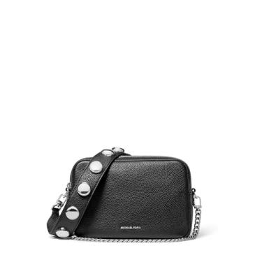 Imagem de Michael Kors Bryant Bolsa transversal média com corrente de zíper duplo para câmera, ferragens prateadas/couro granulado com alça cravejada de cúpula/preta