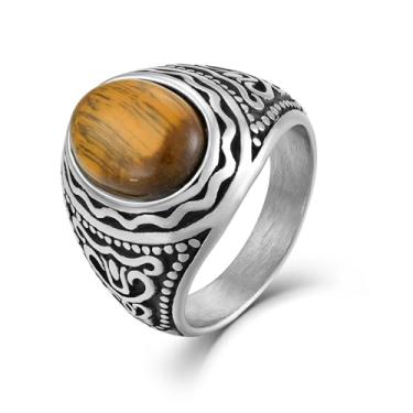 Imagem de Wisbal Anel de motociclista oval de aço inoxidável sintético turquesa e olho de tigre para homens, tamanho 7-13, 13, Aço inoxidável, Olho de tigre