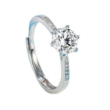 Imagem de Anel solitário de zircônia de seis pinos, joia de noivado minimalista de banda aberta ajustável, presente geométrico elegante para mulheres