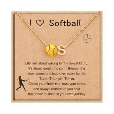 Imagem de Colar de softbol com inicial A-Z para meninas adolescentes, colar com pingente de softbol personalizado para amantes de times e filhas jogadoras, Latão, Sem Pedra Preciosa