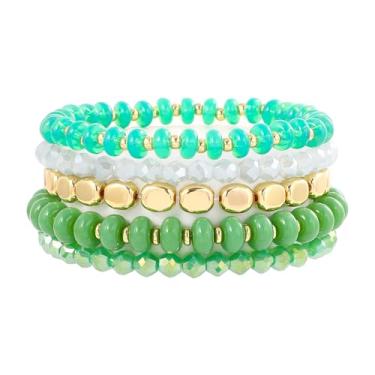 Imagem de RISHEGAE Pulseiras de contas douradas para mulheres, conjunto de pulseiras elásticas ajustáveis, empilháveis, joias modernas, presentes para mulheres, 6.8, Vidro Plástico Resina, Sem Pedra Preciosa