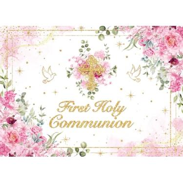 Imagem de Fundo de Primeira Comunhão Flor Rosa Cruz Dourada God Bless Fundo Fotográfico Meninas Batizado Festa de Bebê Decoração Banner