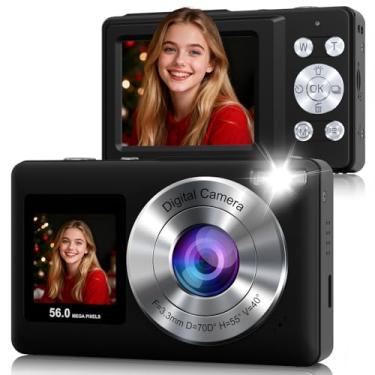 Imagem de Câmera digital, câmera de tela dupla de 56 m 2,7 K, zoom de 18x, antivibração, detecção de sorriso, câmeras digitais pequenas com cartão de 32 GB, 20 filtros, selfies, presente para crianças