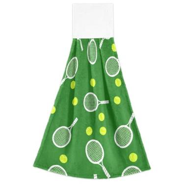 Imagem de Raquetes de tênis, bolas de tênis, toalhas de mão verdes com laço para pendurar, conjunto de 2 toalhas de gravata de banheiro altamente absorventes, itens essenciais de cozinha decorativos 46 x 35 cm