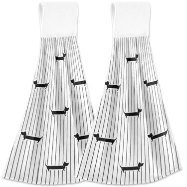 Imagem de TSENQUE Dachshund personalizado cachorro preto branco outono pendurado prato toalhas de mão forno toalhas de chá conjunto de 2, toalhas de mão de cozinha fofas absorventes, 18,2 x 14 polegadas