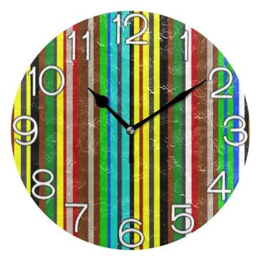 Imagem de GAIGEO Relógio de parede decorativo listrado colorido chique analógico quarto cozinha relógio redondo sem tique-taque silencioso, decoração de sala de estar, arte moderna, 25 cm, ponteiros dourados