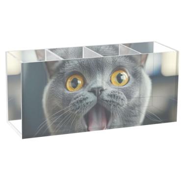 Imagem de TSENQUE Porta-lápis de mesa decorativo personalizado engraçado surpresa gato cinza marcador de caneta suporte acrílico pincel de maquiagem copo de lápis