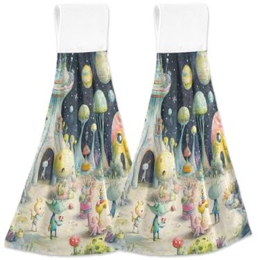 Imagem de TSENQUE Whimsical Scene Aliens Space Toalhas de mão personalizadas de outono com laço para pendurar toalha de banheiro panos de prato decorativos absorventes para cozinha conjunto de 2, 45 x 35