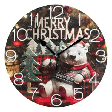 Imagem de GAIGEO Relógio de parede analógico decorativo para sala de aula, escritório, operado por bateria, silencioso, arte de parede moderna, decoração de casa, árvore de urso de Natal, 25 cm, ponteiros