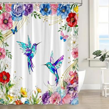 Imagem de HUSPWP Cortina de chuveiro floral pássaro colorido primavera vitral beija-flor floral flores flores borboleta planta tecido moderno conjunto de cortina de banheiro com gancho, 70 x 70 pol
