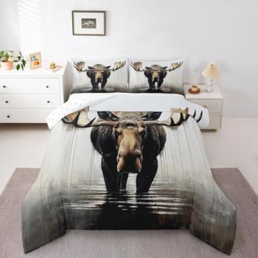 Imagem de jejeloiu Conjunto de cama de alce, macio, para meninos e meninas, caça, veado, tamanho solteiro, rústica, campo, edredom, microfibra, animal selvagem, decoração de quarto, cinza, branco, marrom, 2