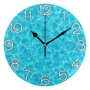 Imagem de GAIGEO Relógio de parede decorativo analógico relógio de cozinha rústico estético silencioso sem tique-taque, decoração de parede de casa de fazenda moderna, água do mar azul, 25 cm, ponteiros pretos