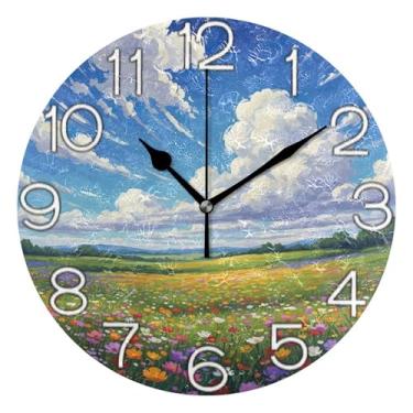 Imagem de GAIGEO Relógio de parede decorativo analógico operado por bateria relógio de cozinha rústico, arte de parede boho, decoração de casa, prado de flores silvestres, 25 cm, ponteiros dourados