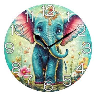 Imagem de GAIGEO Relógio de parede analógico decorativo estético silencioso sem tique-taque quarto relógio de cozinha, decoração de parede vintage sala de estar, elefante fofo azul animal vívido, 25 cm