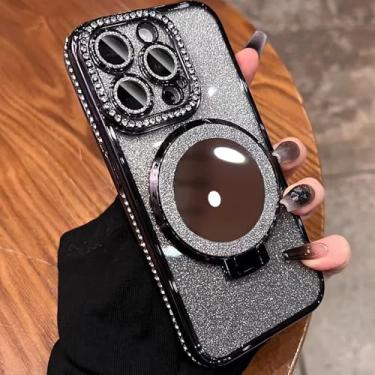 Imagem de Capa compatível com iPhone 16 Pro Max com suporte para mulheres, (capa transparente ou 2 em 1), suporte de anel brilhante fofo, protetor de câmera de strass, [compatível com Magsafe], preto