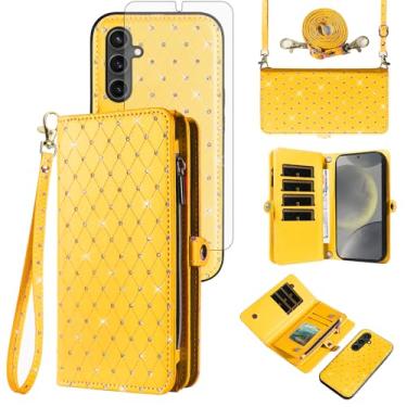 Imagem de Capa de celular para Samsung Galaxy S24 5G carteira com zíper destacável com protetor de tela de vidro temperado alça transversal alça flip glitter compartimento para cartão S 24 24S G5 mulheres
