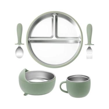 Imagem de Conjunto De Alimentação Para Bebês 5PCS Prato De Aço Inoxidável Tigela