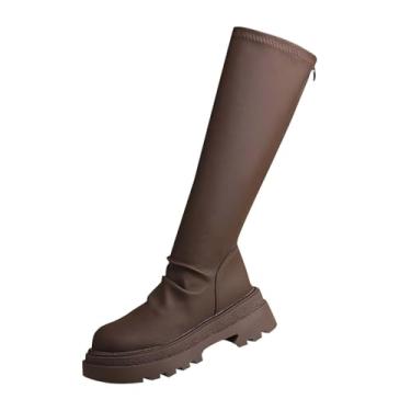 Imagem de Botas longas femininas de salto baixo bico redondo cano alto elástico sola grossa PU superior outono inverno, Marrom, 38