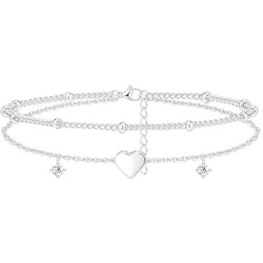 Imagem de Poxtex Tornozeleira feminina de prata esterlina à prova d'água, zircônia cúbica 925 banhada a prata e pingente de coração, tornozeleiras delicadas para mulheres, conjunto de tornozeleiras de corrente